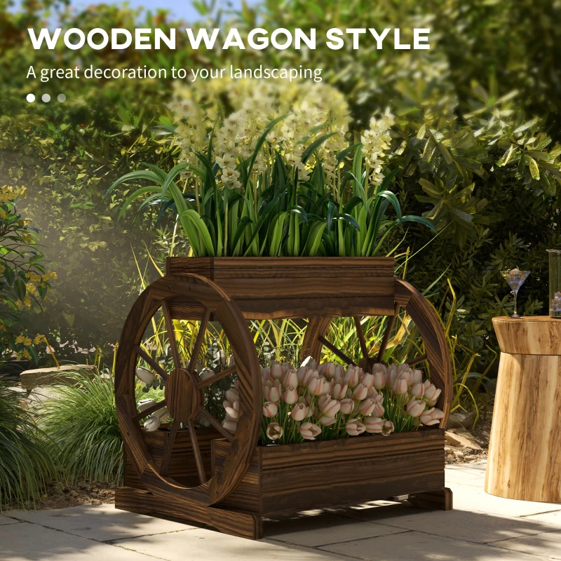 Outsunny 2-Tier Raised Garden Bed, Wooden Wagon Planter Boxes with Drainage Holes, for Vegetables Flowers Herbs, Carbonized