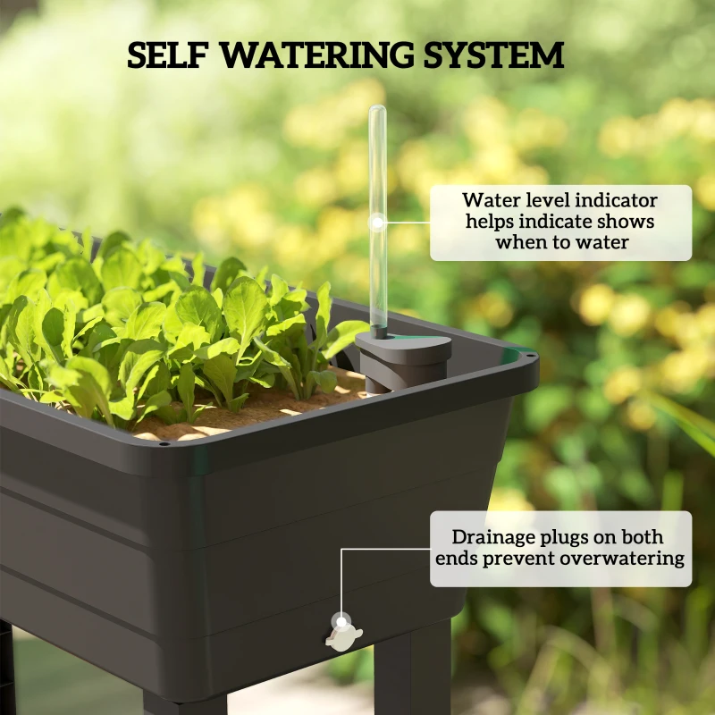 Outsunny 41L Self Watering Raised Garden Bed w/ Ventilation Transparent Lid Greenhouse, Planter Box w/ Storage Shelf, Black
