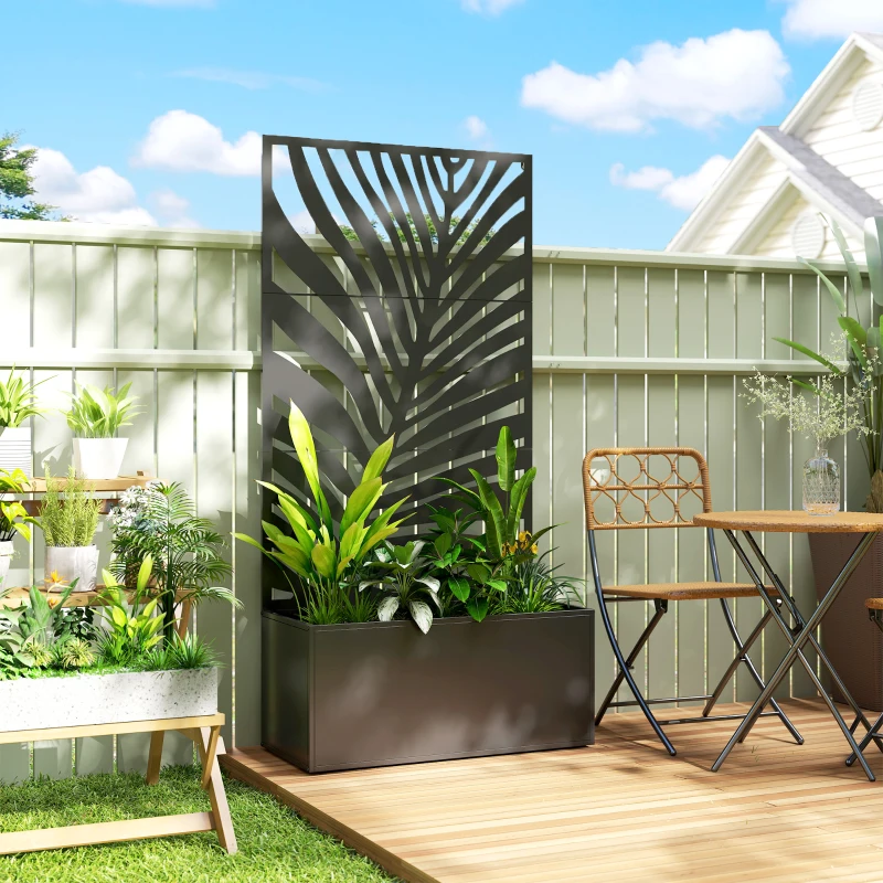 Outsunny Metal Planter Box with Trellis, Raised Garden Bed with Trellis Large Leaf Cut-Out Privacy Screen for Climbing Plants