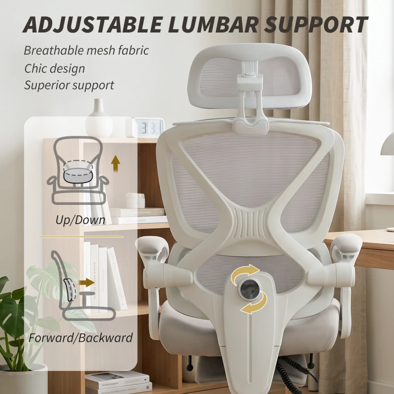 HOMCOM Mesh Desk Chair with Adjustable Headrest, Reclining Ergonomic Office Chair with Footrest, Light Grey
