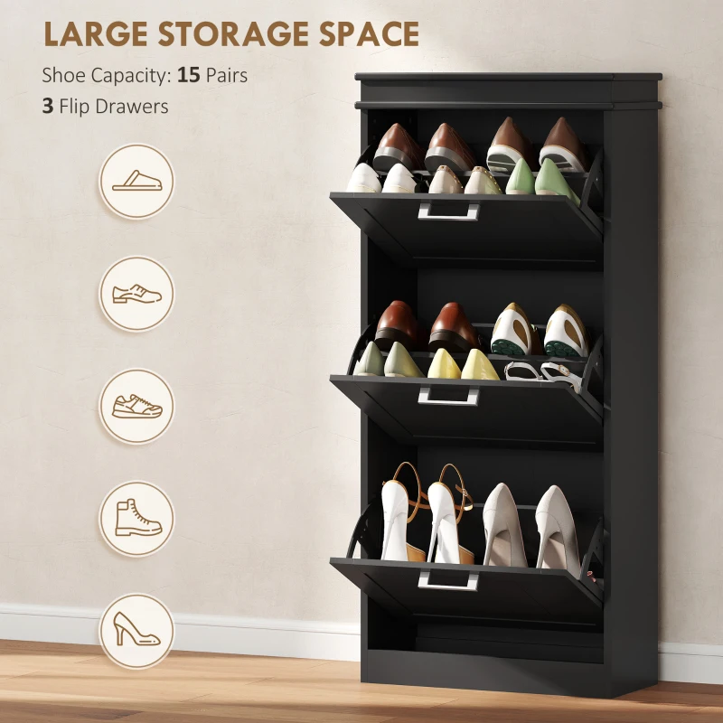 HOMCOM Slim Shoe Cabinet with 3 Flip Drawers and Adjustable Shelves, Narrow Shoe Cabinet for 15 Pairs of Shoes, Black