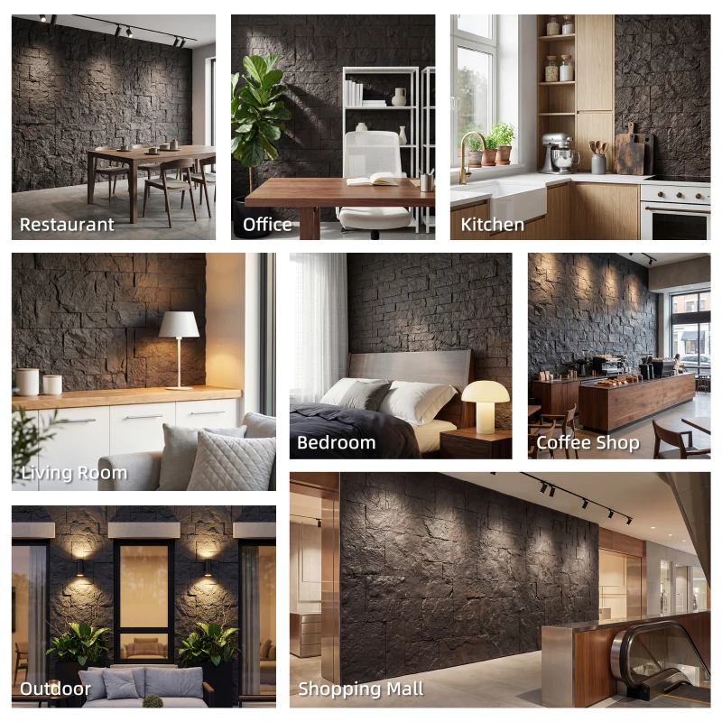 HOMCOM 8-Pack 3D Faux Stone Wall Panels, Lightweight Polyurethane Panels for Interior and Exterior Accent Walls, Black