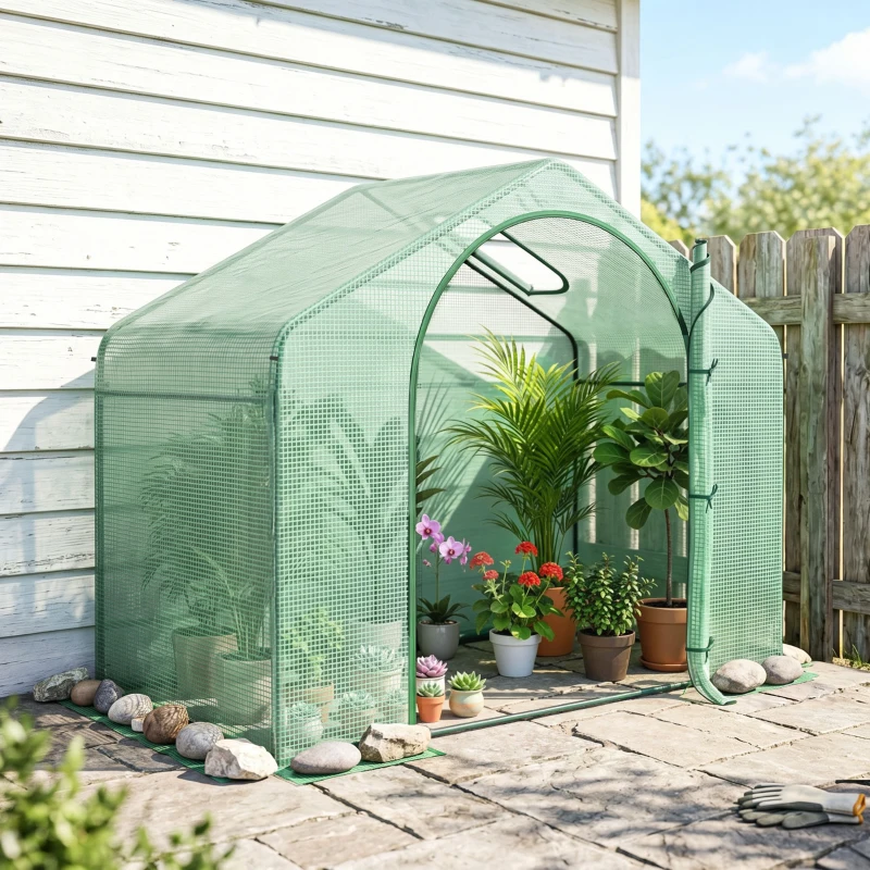 Outsunny 6' x 3' x 5' Portable Walk-in Greenhouse, PE Cover, Steel Frame Garden Hot House, Zipper Door, Top Vent for Flowers, Vegetables, Saplings, Tropical Plants, Green