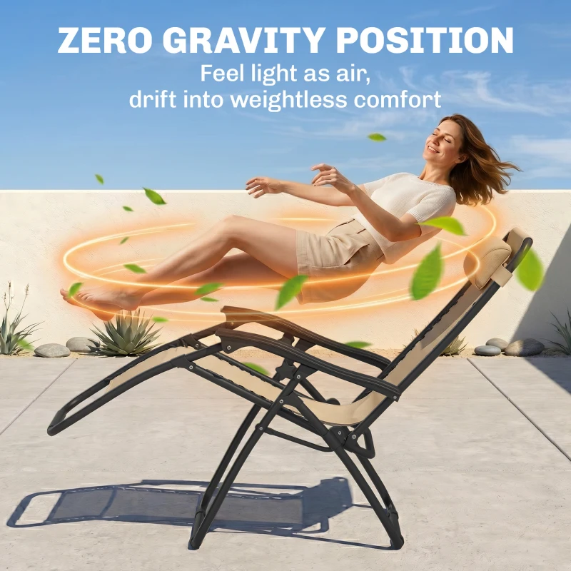 Outsunny Zero Gravity Chair Set of 2 Patio Chair with Side Table Cupholders and Pillows for Pool, Backyard, Lawn, Beige