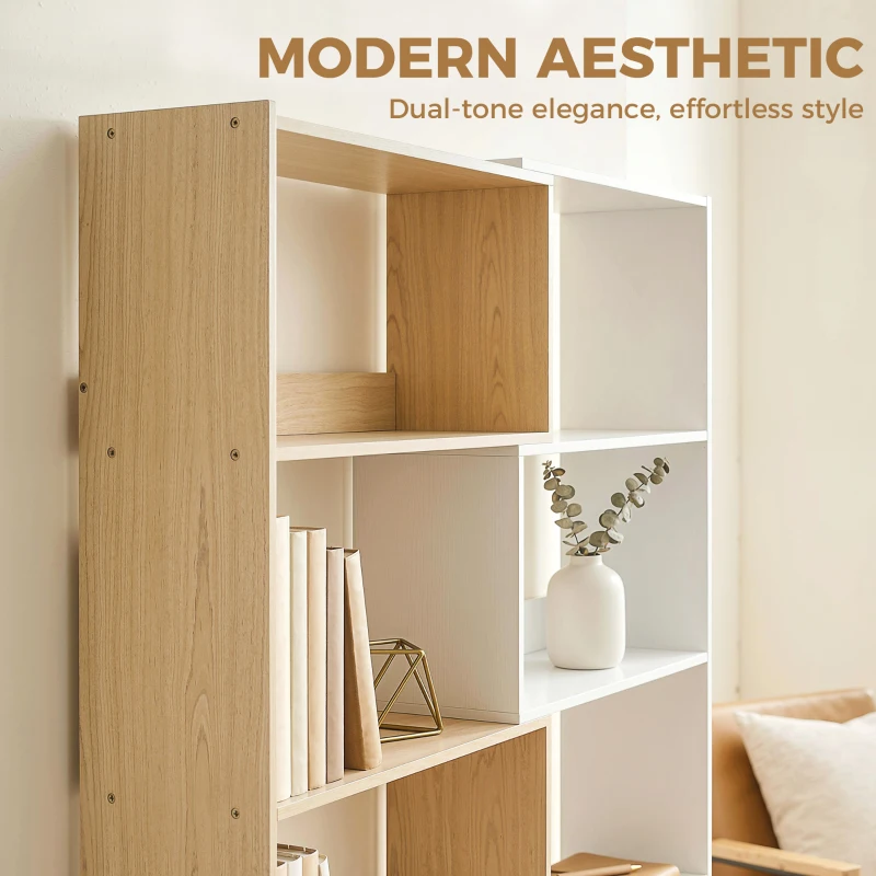 HOMCOM Corner Bookshelf, 5-Tier L-Shaped Bookcase with 350° Rotating Design, Two-Tone Design, Fruitwood/White
