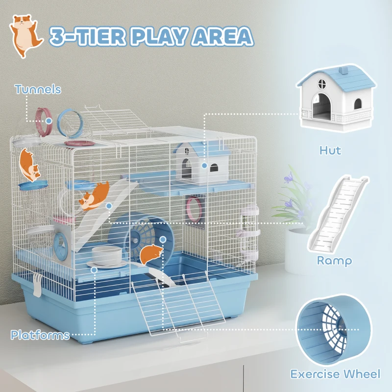 PawHut Hamster Cage, 3-Tier Small Animal Cage with Exercise Wheel, Food Bowl, Water Bottle, House, Tunnels, Ramps