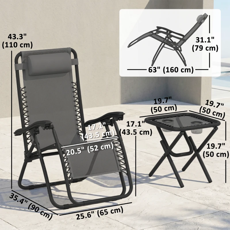 Outsunny Zero Gravity Chair Set of 2 Patio Chair with Side Table Cupholders and Pillows for Pool, Backyard, Lawn, Beach, Grey