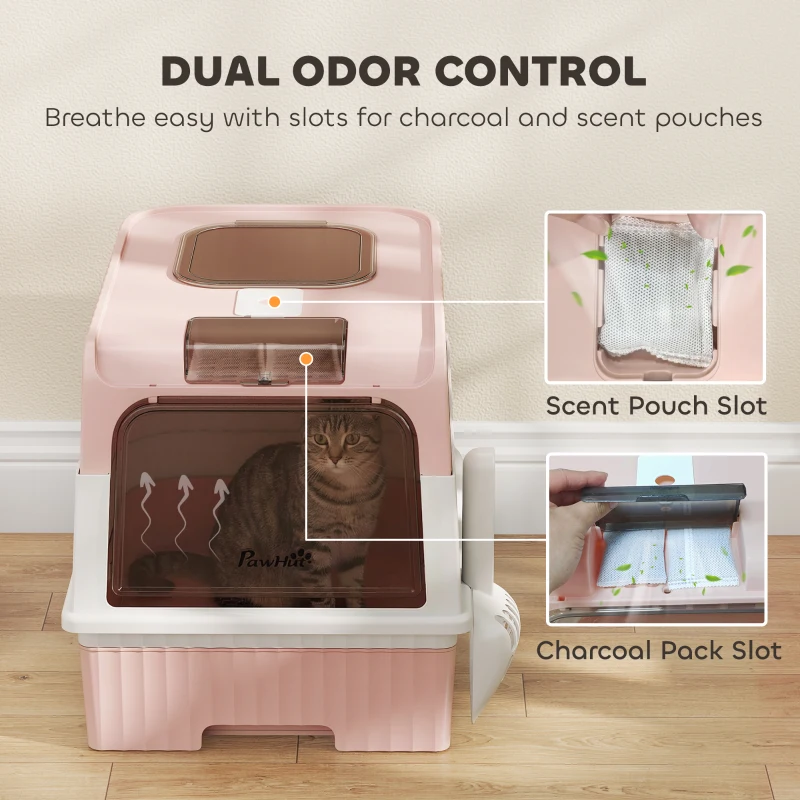 PawHut Cat Litter Box Hooded Cat Litter Tray with Drawer Pan Front Entry & Top Exit Easy Cleaning Pink