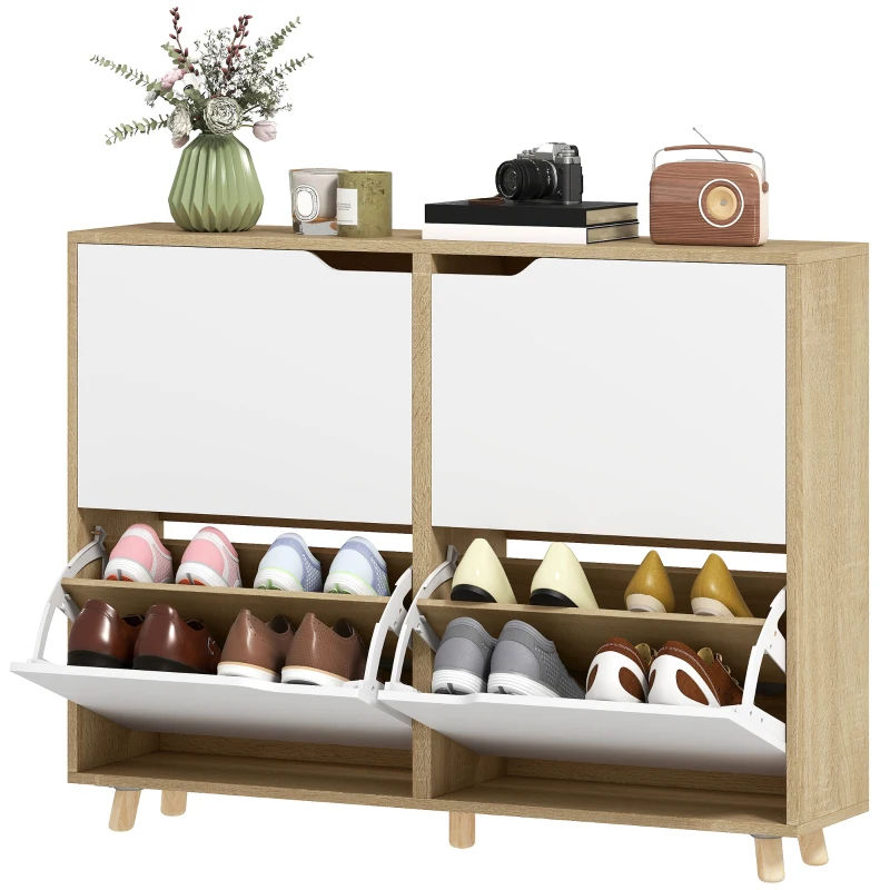 HOMCOM Narrow Shoe Cabinet, Shoe Storage Cabinet with 4 Flip Drawers and Adjustable Shelves for 16 Pairs of Shoes, White