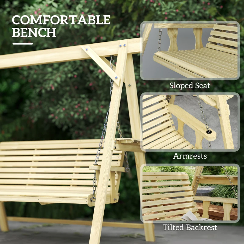 Outsunny 3 Seat Wooden Porch Swing with Stand, Patio Swing with Side Tables, for Garden, Poolside, Backyard, Natural Wood