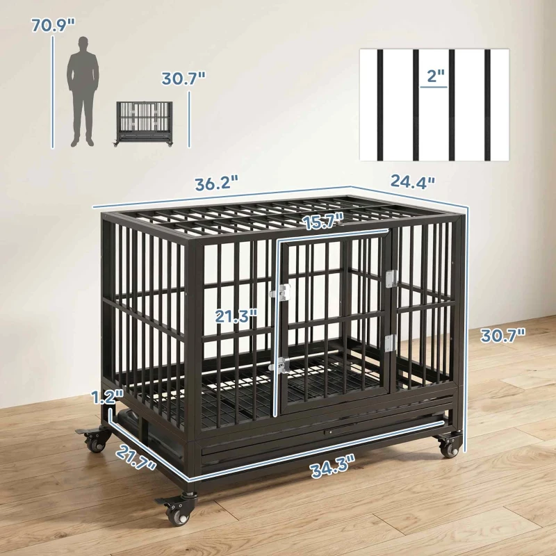 PawHut 36" Heavy Duty Dog Crate Metal Cage Kennel with Lockable Wheels, Double Door and Removable Tray, Gray