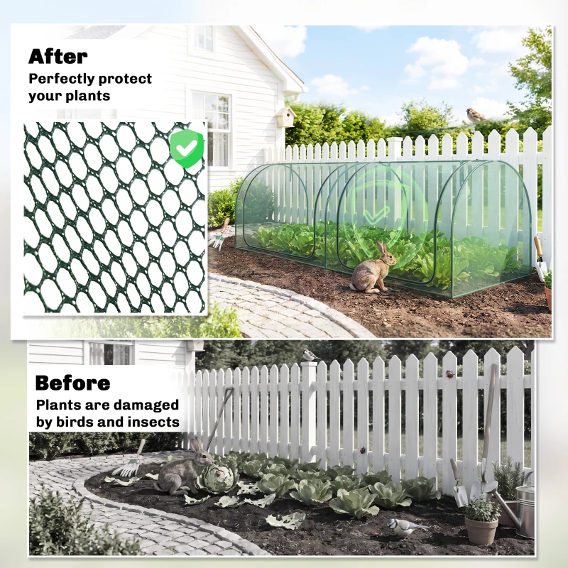 Outsunny 8' x 3' Crop Cage, Garden Plant Protector, with 3 Zippered Doors and 6 Ground Stakes, for Garden, Yard, Lawn Dark Green
