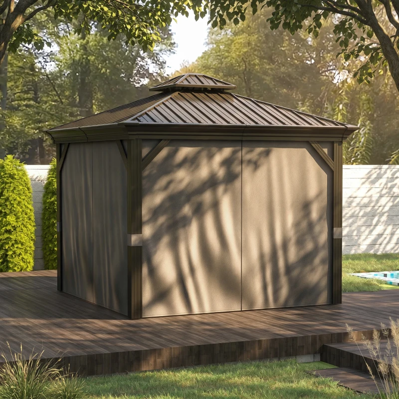 Outsunny 10' x 12' Hardtop Gazebo Permanent Pavilion w/ Double Roof Aluminum Frame Sidewalls for Patio Garden Deck, Dark Gray