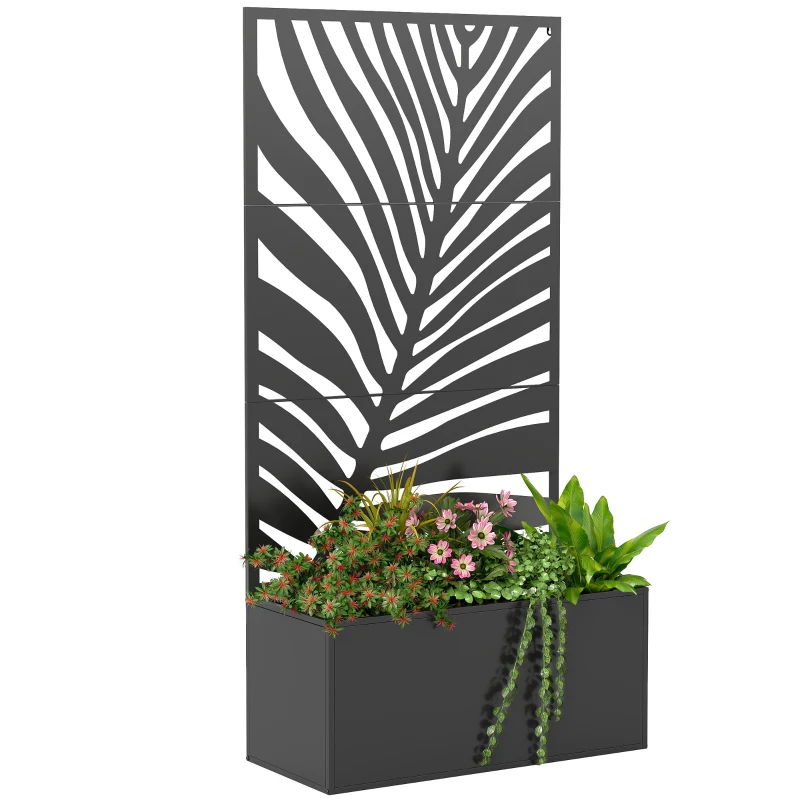 Outsunny Metal Planter Box with Trellis, Raised Garden Bed with Trellis Large Leaf Cut-Out Privacy Screen for Climbing Plants