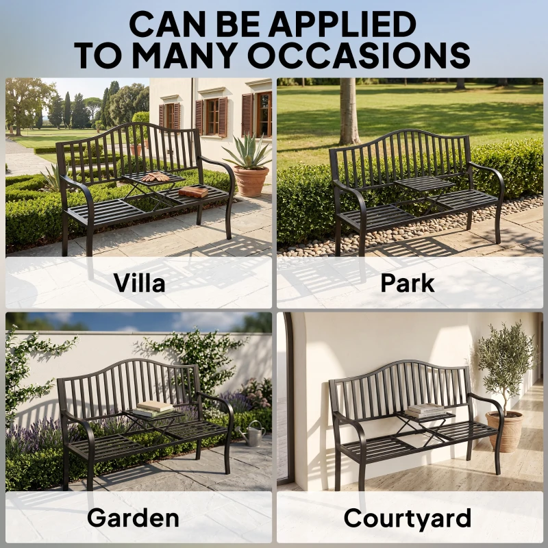 Outsunny Outdoor Bench with Retractable Middle Table, Metal Frame Patio Loveseat with Slatted Seat and Backrest, Curved Armrests, Black