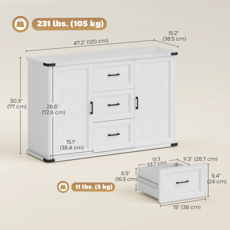 HOMCOM Sideboard with 3 Drawers and 2 Doors, 47" Buffet Cabinet with Adjustable Shelves for Kitchen, White Wood Grain