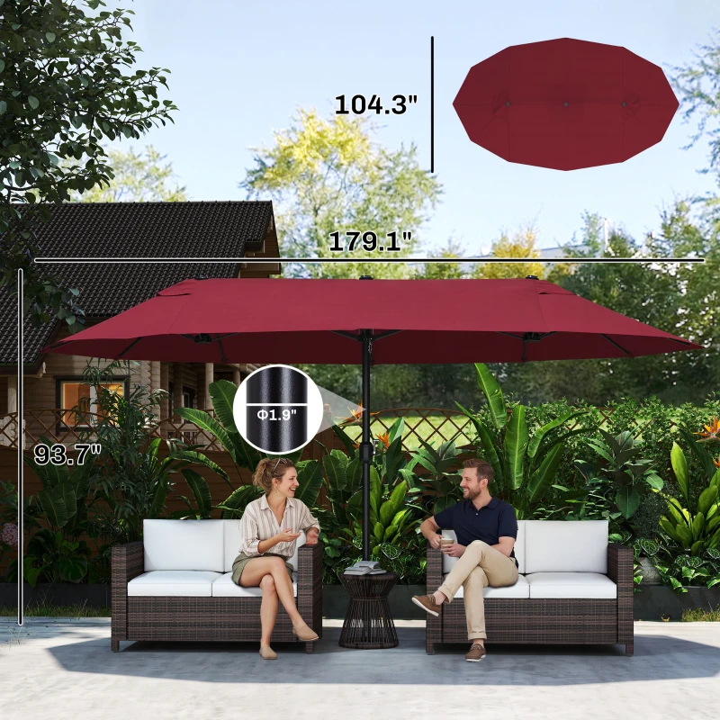 Outsunny Extra Large 15 ft Patio Umbrella, Double-Sided Wide Outdoor Umbrella with Crank Handle and Air Vents for Backyard, Deck, Pool, Market, Wine Red