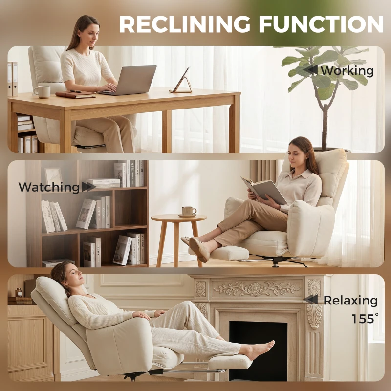 HOMCOM Office Chair with Foot Rest, Ergonomic Reclining Computer Gaming Chair with Snow Flannel Fabric, Thick Cushion, Cream