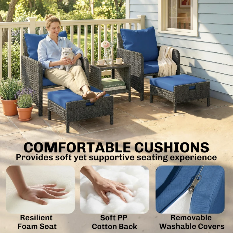 Outsunny 5 Piece Patio Furniture Set, Wicker Outdoor Furniture Set, 23.6" Seat, Ottomans, Glass Table, Cushions, Navy Blue