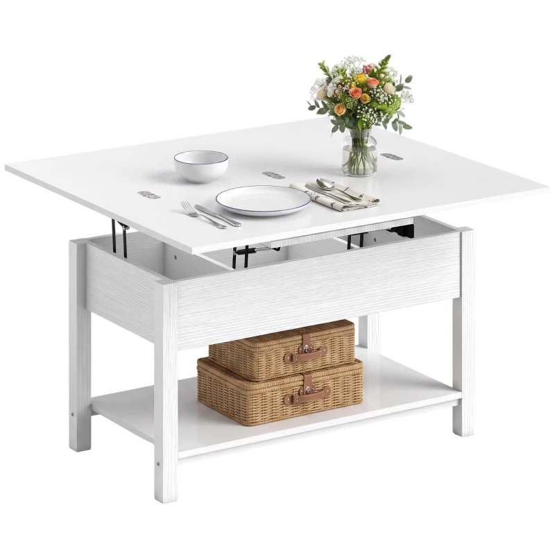 HOMCOM Lift Top Coffee Table with Storage and Hidden Compartment, Modern Convertible Center Table for Living Room, White