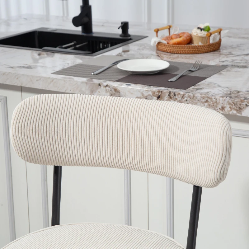 HOMCOM Set of 2 Barstools, Upholstered Corduroy Bar Stools with Backrest, Footrest for Kitchen Island, Dining Room, Cream White