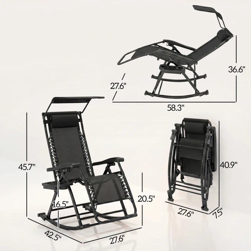 Outsunny Outdoor Rocking Chairs, Foldable Reclining Zero Gravity Lounge Rocker with Pillow, Cup & Phone Holder, Combo Design with Folding Legs, Black
