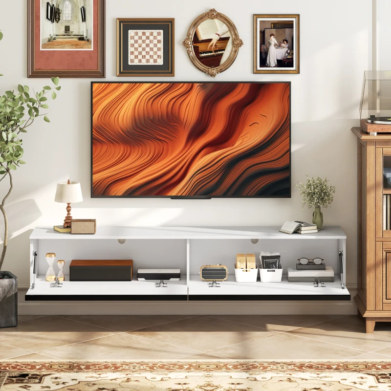 HOMCOM Wall Mounted TV Stand, Floating TV Cabinet with Storage, for TVs up to 70", High Gloss Effect, White