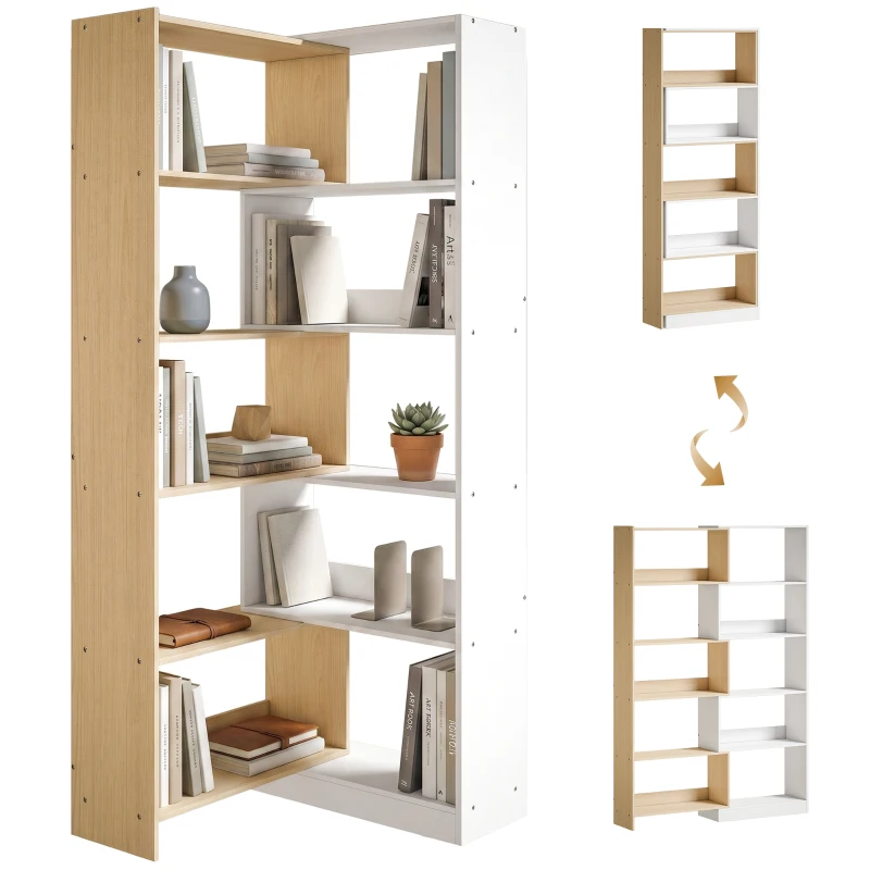 HOMCOM Corner Bookshelf, 5-Tier L-Shaped Bookcase with 350° Rotating Design, Two-Tone Design, Fruitwood/White