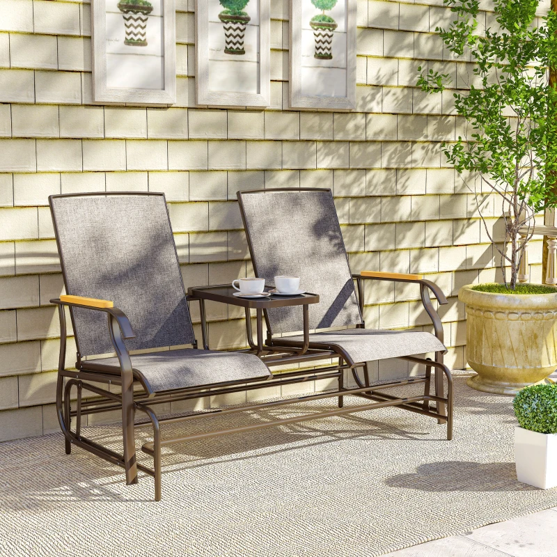Outsunny Outdoor 2-Person Glider Bench, Outside Glider Swing Chair Loveseat with Table, Steel Frame, Light Mixed Brown