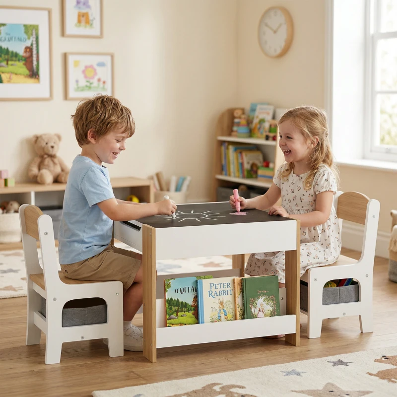 Qaba 3pc Kids Table and Chair Set with Reversible Tabletop Blackboard, Storage & Bookshelves, Natural