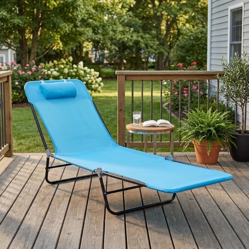 Outsunny Folding Chaise Lounge Chair, Pool Sun Tanning Chair, Outdoor Lounge Chair with Reclining Back, Breathable Mesh Seat, Headrest for Beach, Yard, Patio, Blue