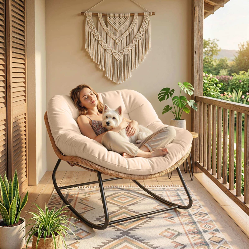 Outsunny Indoor Outdoor Papasan Rocking Chair, Oversized Rocking Egg Chair with Cushion for Garden, Patio, Cream White