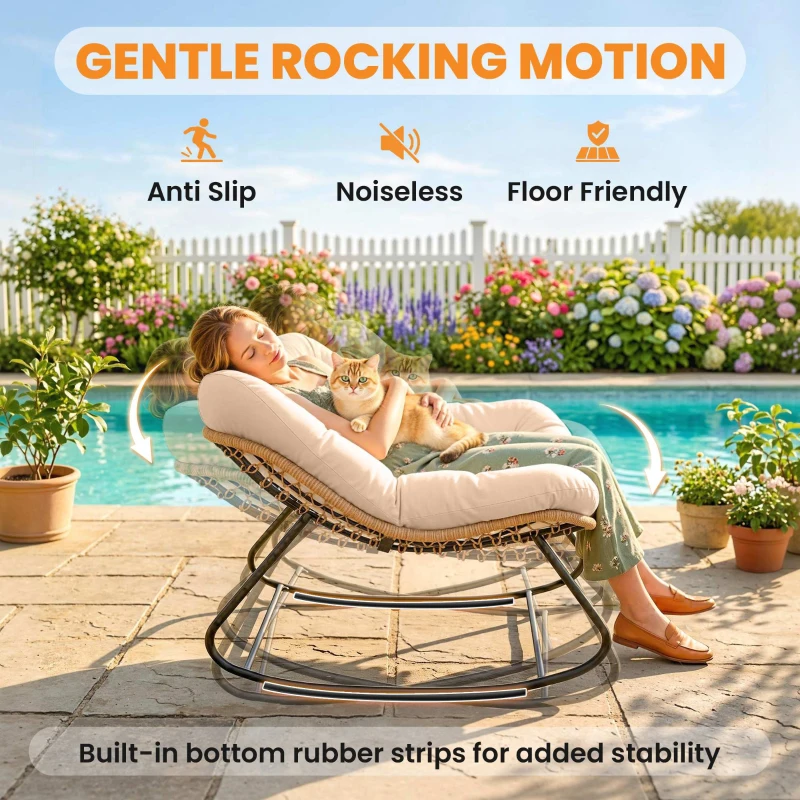 Outsunny Indoor Outdoor Papasan Rocking Chair, Oversized Rocking Egg Chair with Cushion for Garden, Patio, Cream White