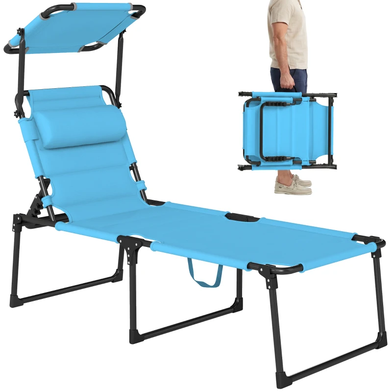 Outsunny Outdoor Lounge Chair, 4 Position Adjustable Backrest, Folding, Cushioned w/ Sun Shade Roof & Pillow, Blue