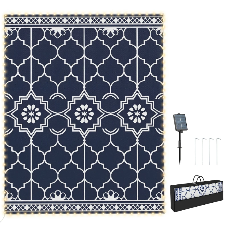 Outsunny Reversible Outdoor Rug Carpet with LED Lights, 12' x 9' PP Straw Rug with Carry Bag and Ground Stakes