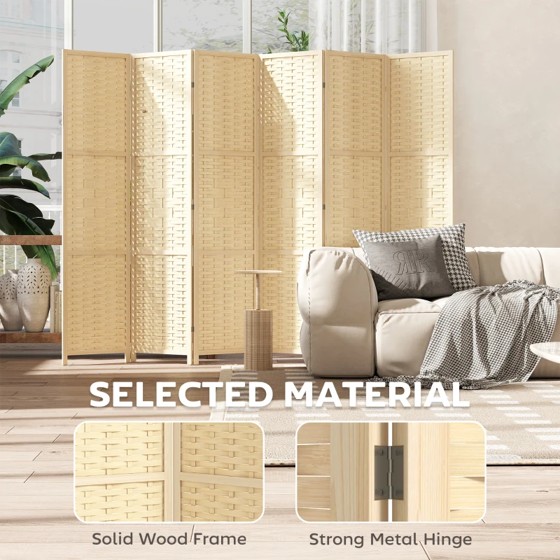 HOMCOM 6-Panel Room Divider, 5.6 FT Freestanding Folding Privacy Screen, Partition Wall Divider, Natural Wood