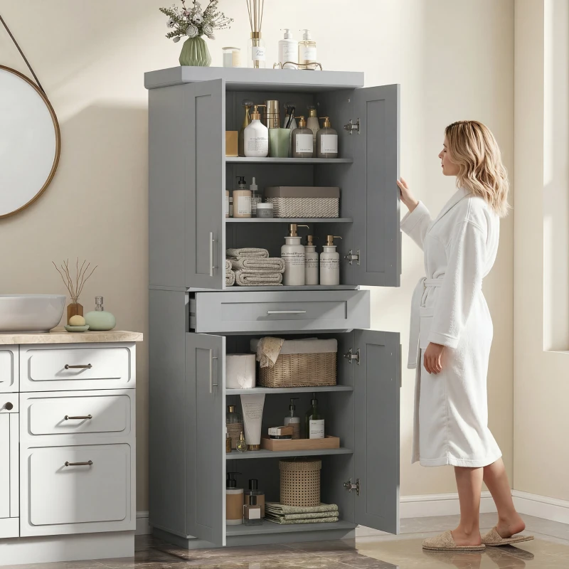 HOMCOM Modern Kitchen Pantry Freestanding Cabinet Cupboard with Doors and Drawer, Adjustable Shelving, Gray