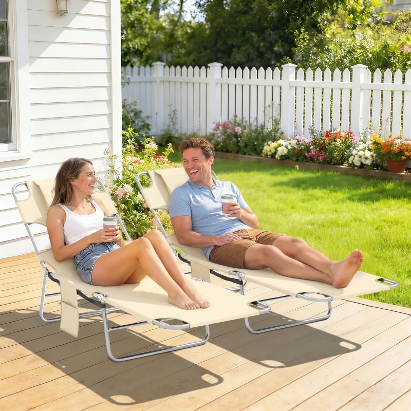 Outsunny 2 Tanning Chairs with Face Hole, 5-Level Adjustable Outdoor Chaise Lounge Chair with Pillow for Beach, Pool, Beige