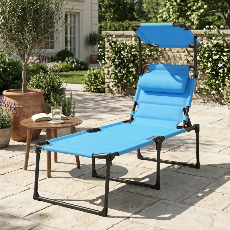 Outsunny Outdoor Lounge Chair, 4 Position Adjustable Backrest, Folding, Cushioned w/ Sun Shade Roof & Pillow, Blue