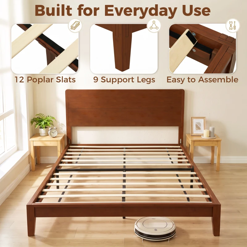 HOMCOM Queen Size Bamboo Platform Bed Frame with Headboard and 12 Poplar Slats, No Box Spring Needed, Easy Assembly, Brown