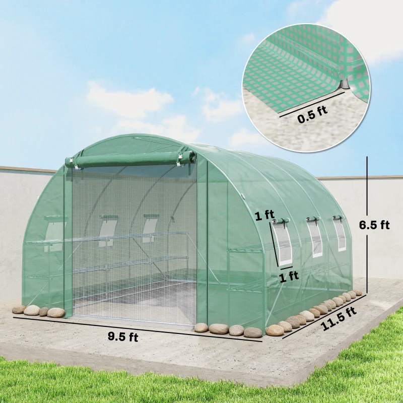 Outsunny 10'x11'x6' Walk-in Tunnel Greenhouse with Shelves, Mesh Door and Windows, Hoop House Greenhouse with PE Cover, Green