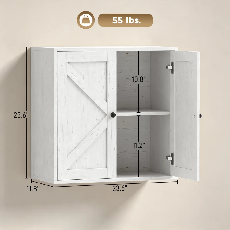 HOMCOM Bathroom Wall Cabinet, Farmhouse Bathroom Cabinet Wall Mount with 2 Shelves, White Wood Grain
