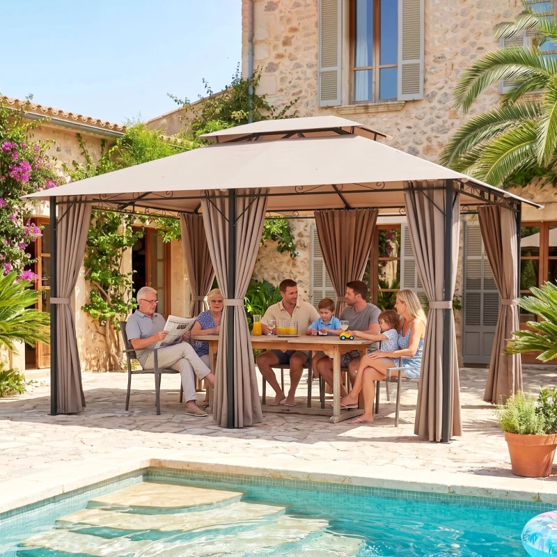 Outsunny 10' x 13' Patio Gazebo, Outdoor Gazebo Canopy Shelter with Curtains, Vented Roof, Steel Frame for Garden, Lawn, Backyard and Deck, Khaki(m-8)