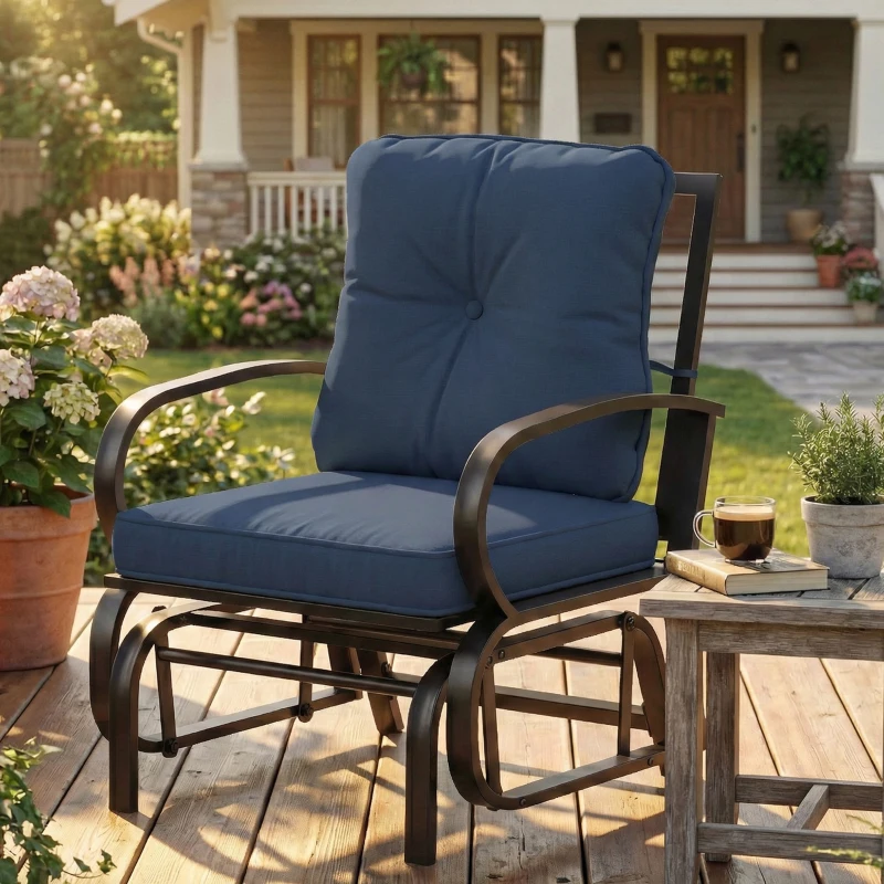 Outsunny Patio Glider, Outdoor Glider Chair with Cushions, Steel Frame, Curved Armrests, Dark Blue