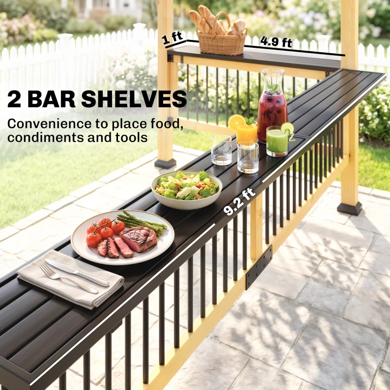 Outsunny 13' x 6' Wooden BBQ Grill Gazebo, Outdoor Hardtop Grill Gazebo with Metal Roof, 2 Bar Shelves and 6 Hooks, Natural