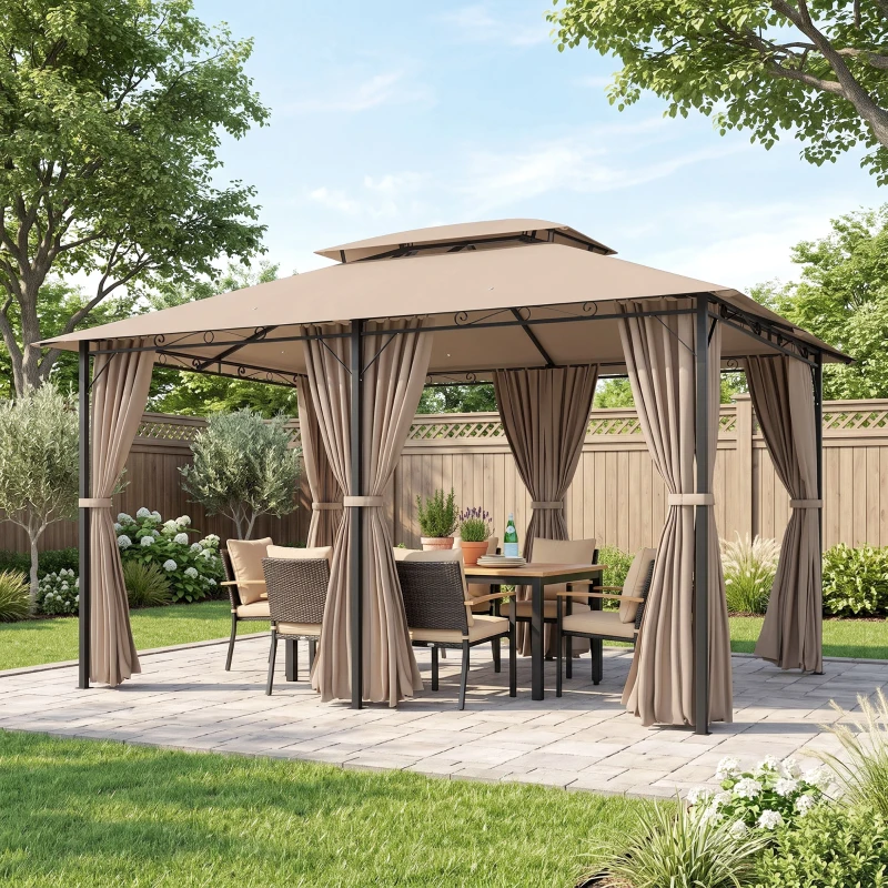 Outsunny 10' x 13' Patio Gazebo, Outdoor Gazebo Canopy Shelter with Curtains, Vented Roof, Steel Frame for Garden, Lawn, Backyard and Deck, Khaki(m-9)