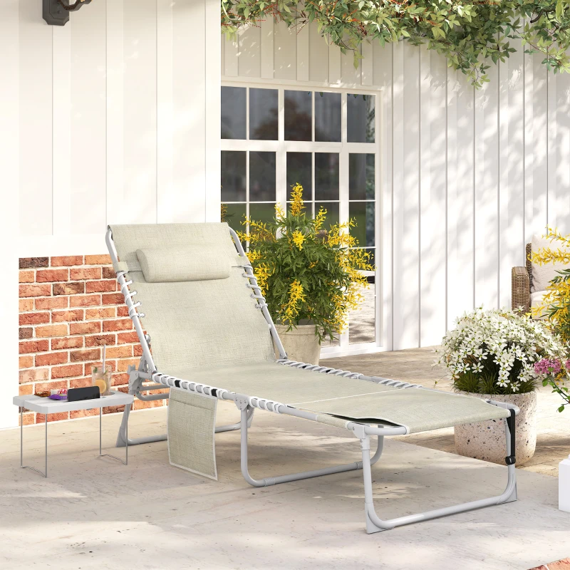 Outsunny Tanning Chair with Face Hole and Side Table, 5-Position Folding Outdoor Chaise Lounge Chair, Beige