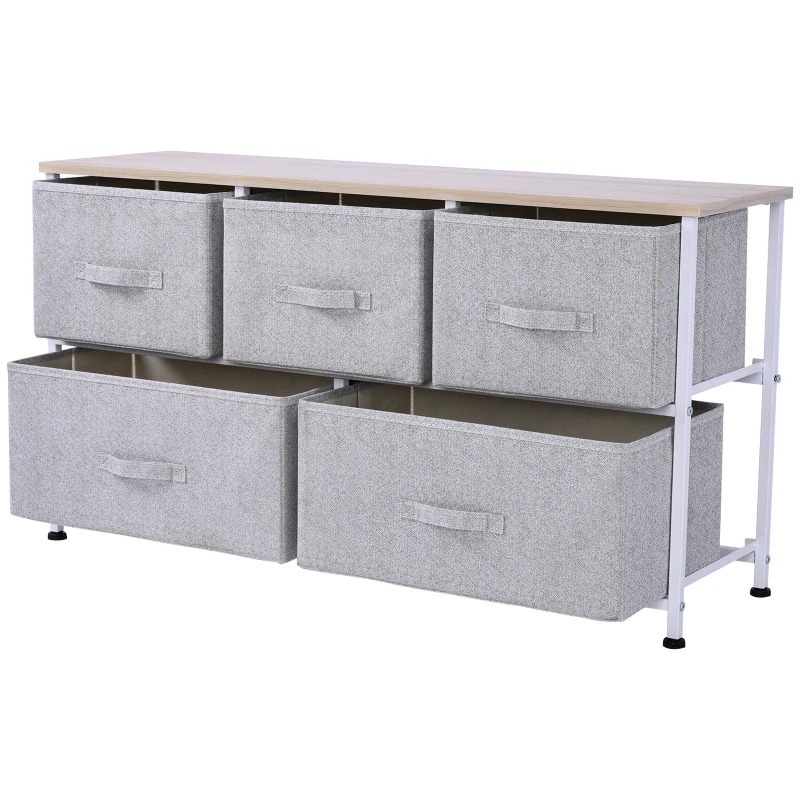 HOMCOM 40" L 5 Drawer Horizontal Storage Cube Dresser Unit Bedroom Organizer Living Room Shelf Tower with Fabric Bins, Light Gray