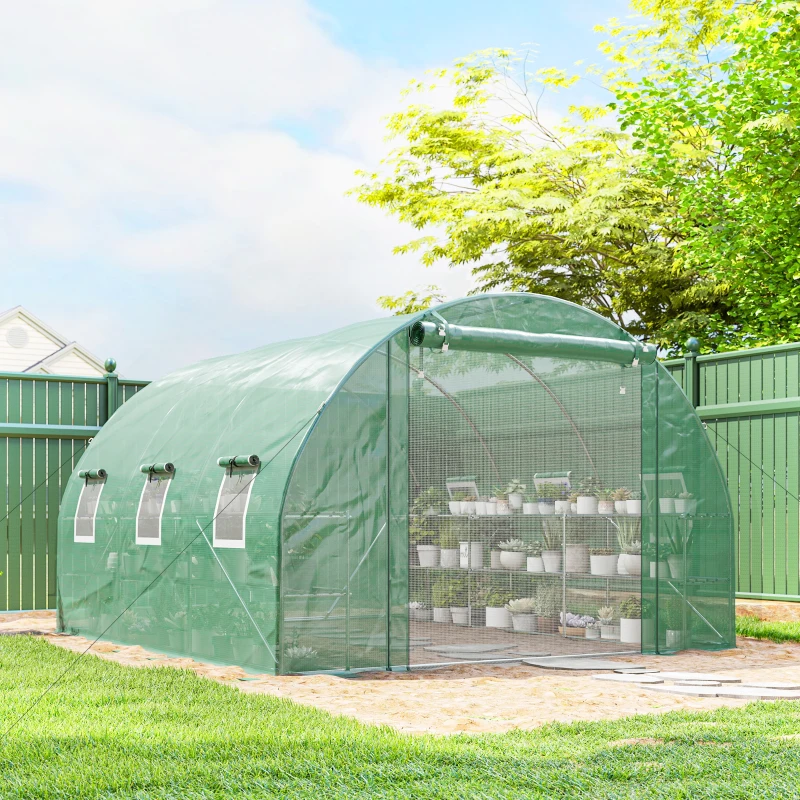 Outsunny 10'x11'x6' Walk-in Tunnel Greenhouse with Shelves, Mesh Door and Windows, Hoop House Greenhouse with PE Cover, Green