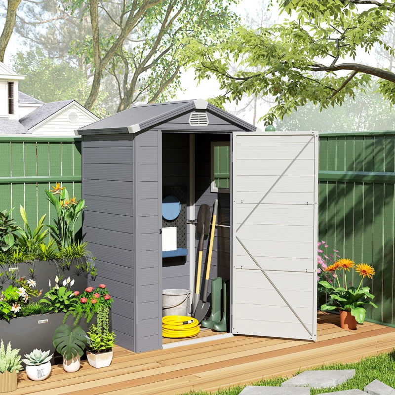 Outsunny 4.4' x 3.3' Plastic Garden Storage Shed with Latch Door, Vents, Sloped Roof, Grey